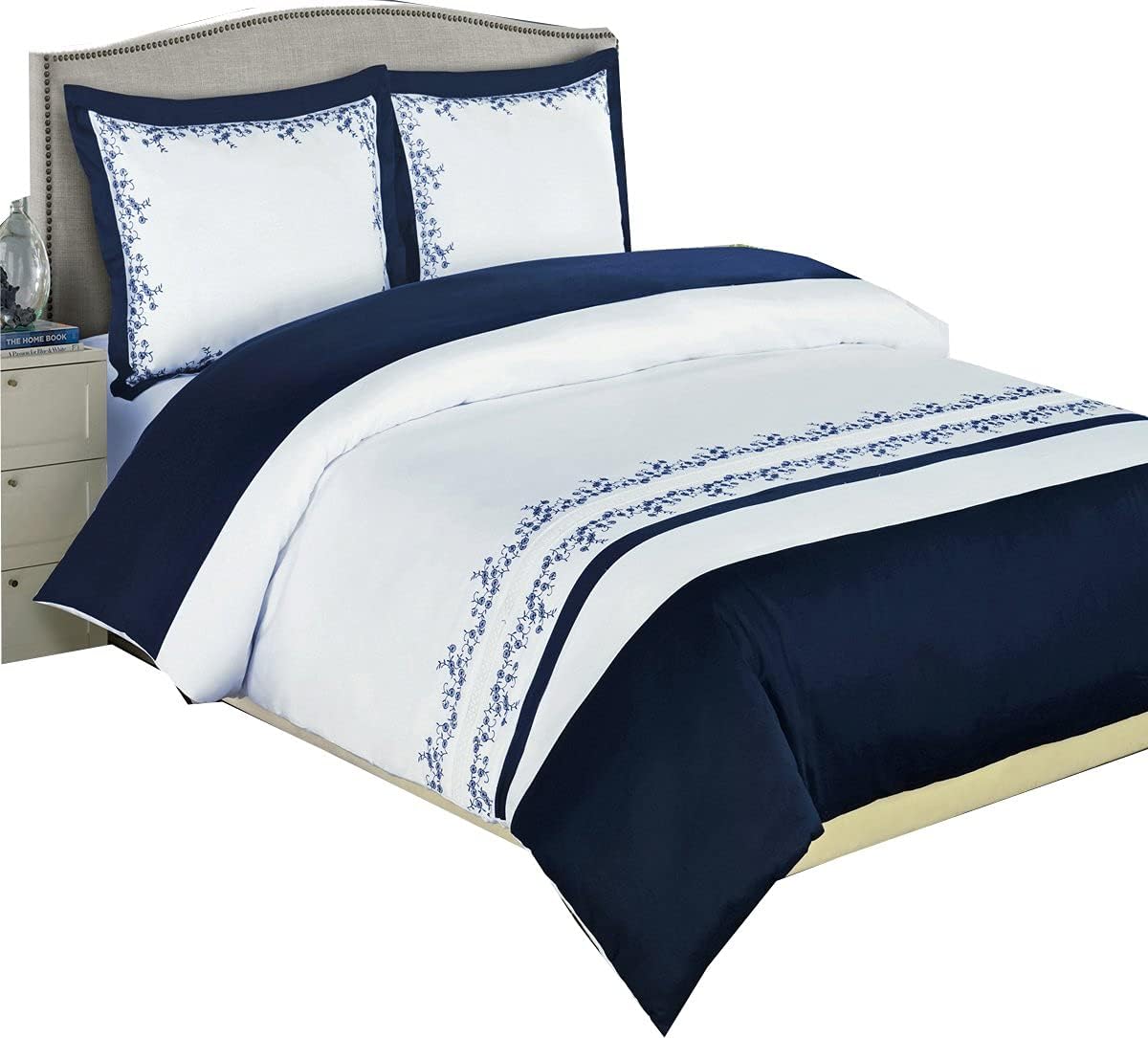 4PC Bedding Set- Duvet Cover and Duvet Insert Features Extra Warm Dobby Down Alternative Duvet Comforter Insert along with 100% Cotton Embroidered Amalia Duvet Cover Set (King/Cal-King, Navy)