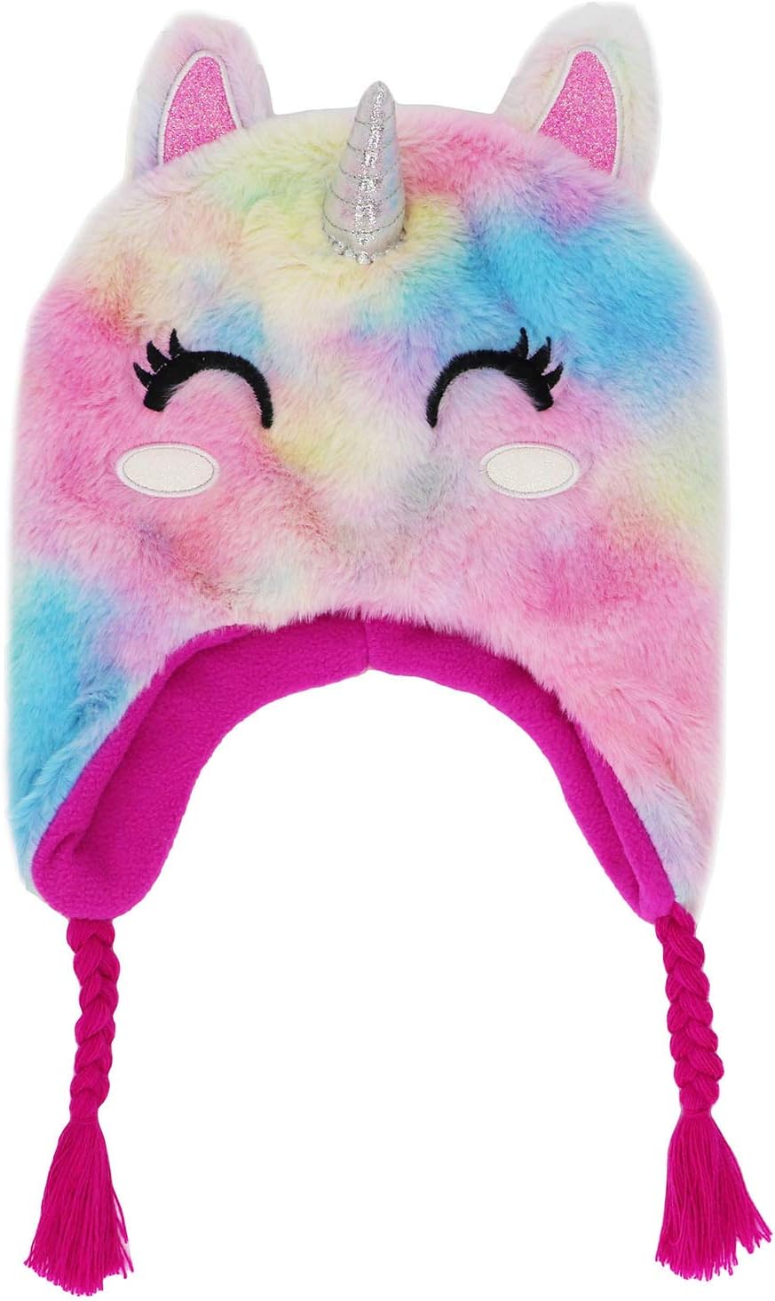 Kids Little Girls Unicorn Beanie Winter Hat Rainbow Faux Fur Plush Fleece Lined Earflap Cap