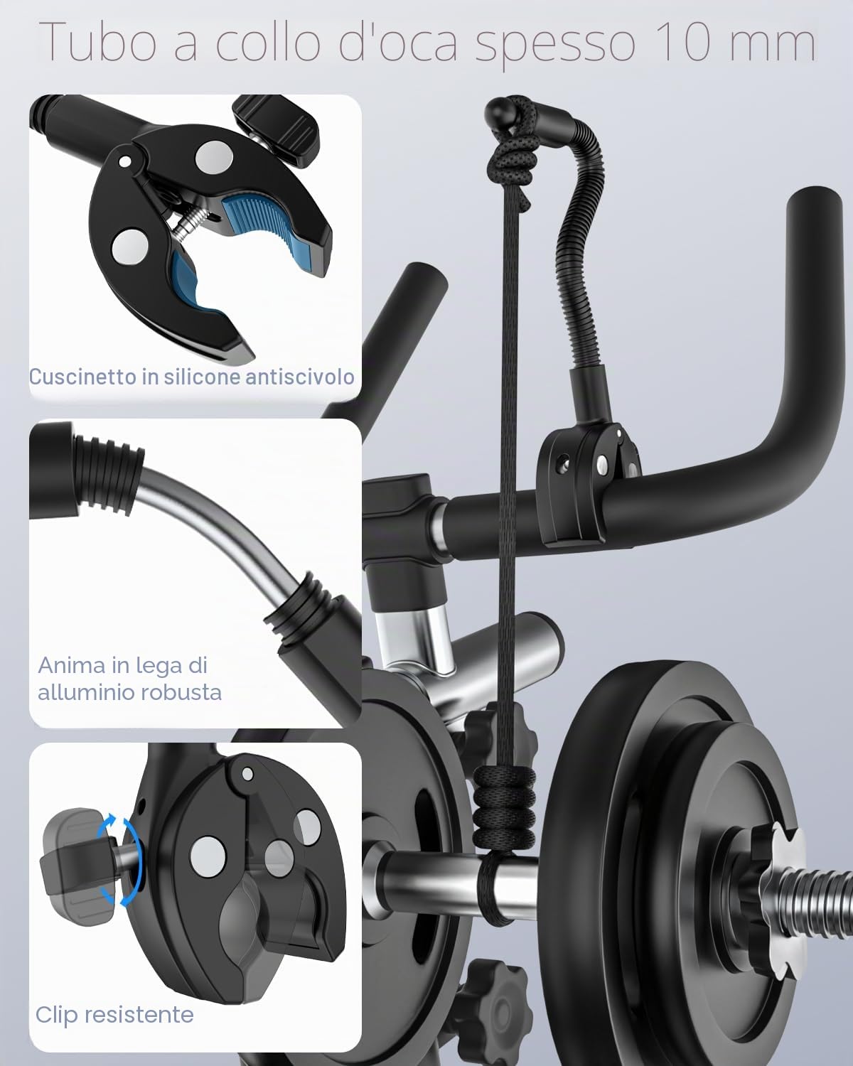 Spin Bike Supporto per Telefono a Collo Di Cigno per Bicicletta, Supporto Flessibile per Telefono Da Moto per Scooter, Passeggino, Compatibile iPhone 15 14 Pro Max, Galaxy, 4-7" Cellulare