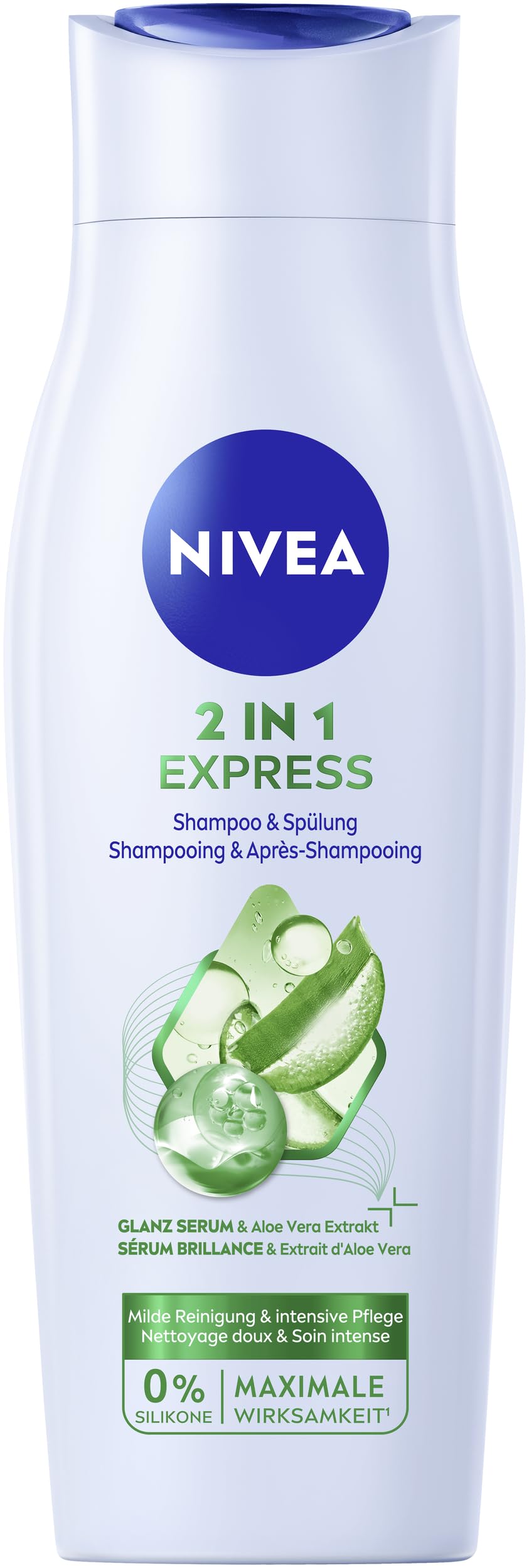 NIVEA 2 w 1 Express szampon i odżywka (250 ml), intensywna pielęgnacja włosów z aloesem i serum z połyskiem, szampon do włosów i odżywka do szybkiej, nieskomplikowanej pielęgnacji