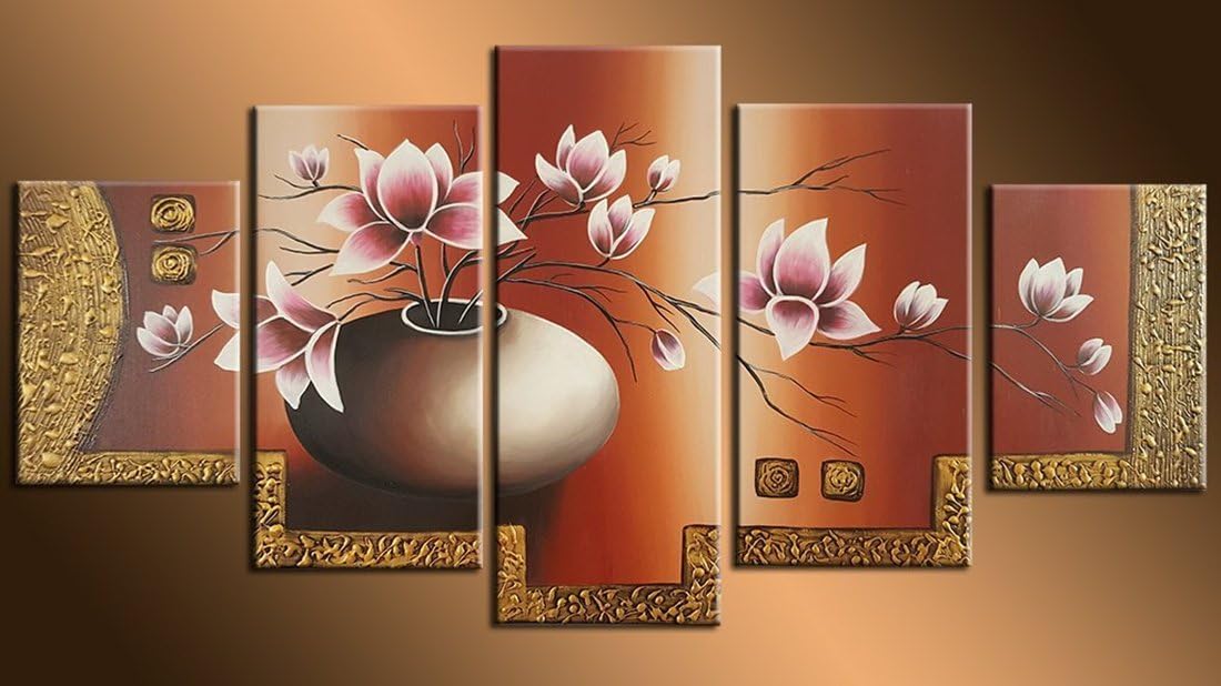 Hand Painted on Canvas Hot Sale Beautiful and Elegant Pink Flower Vase Oil Painting 5 Panel Artwork Landscape for Home and Wall Decoration