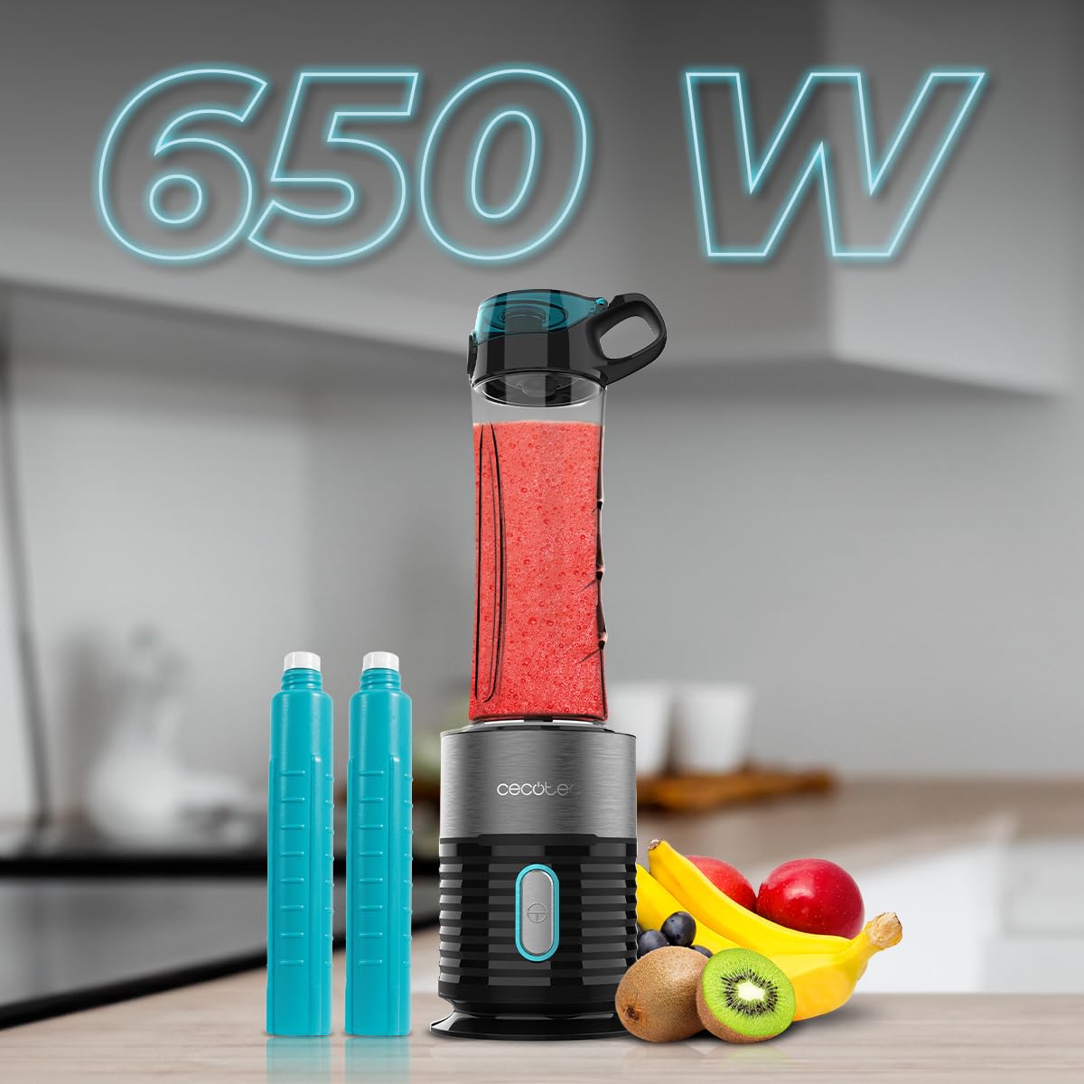 Cecotec Pojedynczy blender stołowy Power Titanium Fresh&Go. 650 W, 4-listkowe ostrze z czarnym tytanem, w zestawie 2 rurki chłodzące i 2 wytrzymałe kubki o pojemności 600 ml