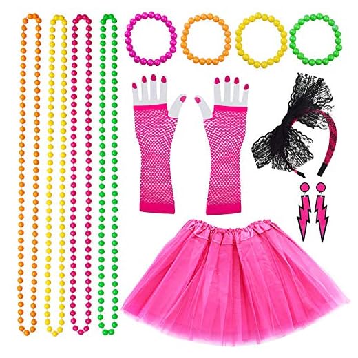 VSTON 80s Disfraz de Disfraces para Mujeres niñas Adultos 80 Vestidos para Mujeres, Accesorios de Fiesta, neón con Faldas tutú relámpago Aros Venda Malla Guantes Cuentas Collar 1980 Fiesta Disfraz