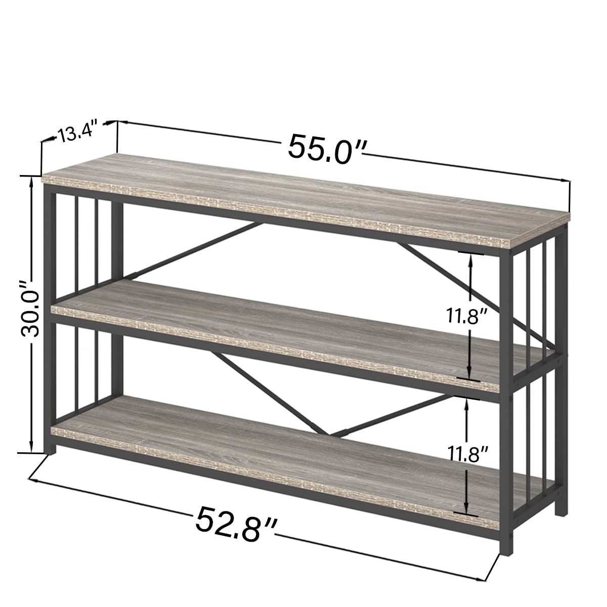 LVB Farmhouse Industrial Console Table, Wood Metal Foyer Entryway Sofa Tables with Storage, 3 Tier Long Rustic Entry Table TV Stand with Shelves for Home Living Room Hallway, Light Grey Oak, 55 Inch