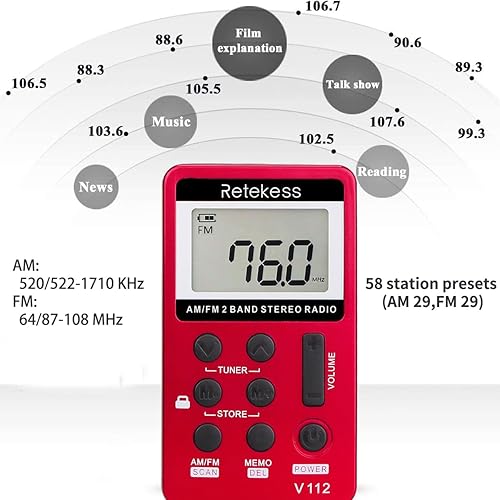 Miniatura 4 de Retekess V112 AM FM Radio de bolsillo portátil y walkie talkies H-777H paquete de 3, receptor M, estéreo de sintonización digital, con auriculares,