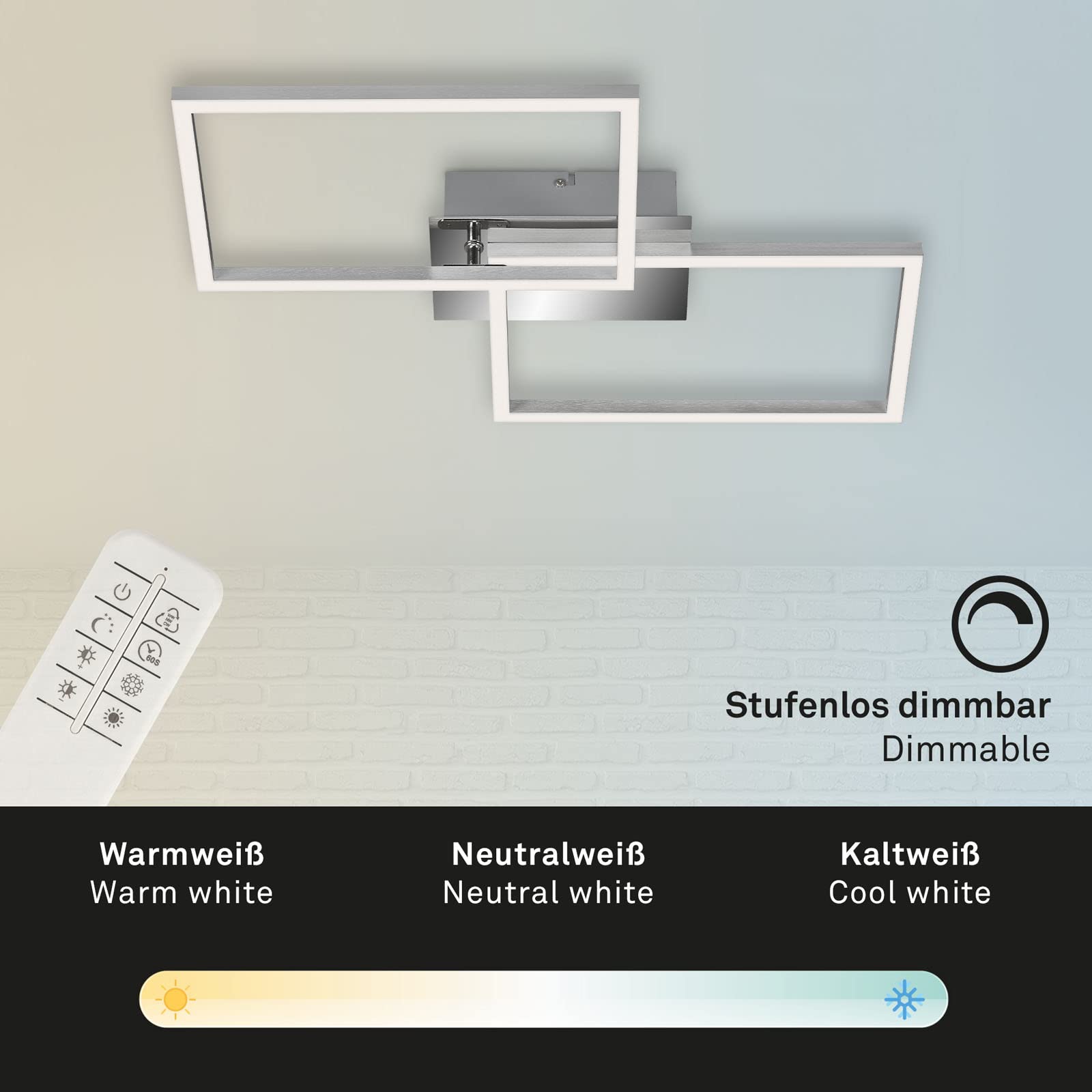 BRILONER - LED Deckenlampe mit Fernbedienung, dimmbar, einstellbar von warmweiß bis neutralweiß, LED Lampe, Deckenleuchte, Wohnzimmerlampe, Schlafzimmerlampe, Küchenlampe, 50x38,8x7,8 cm, Chrom-Alu