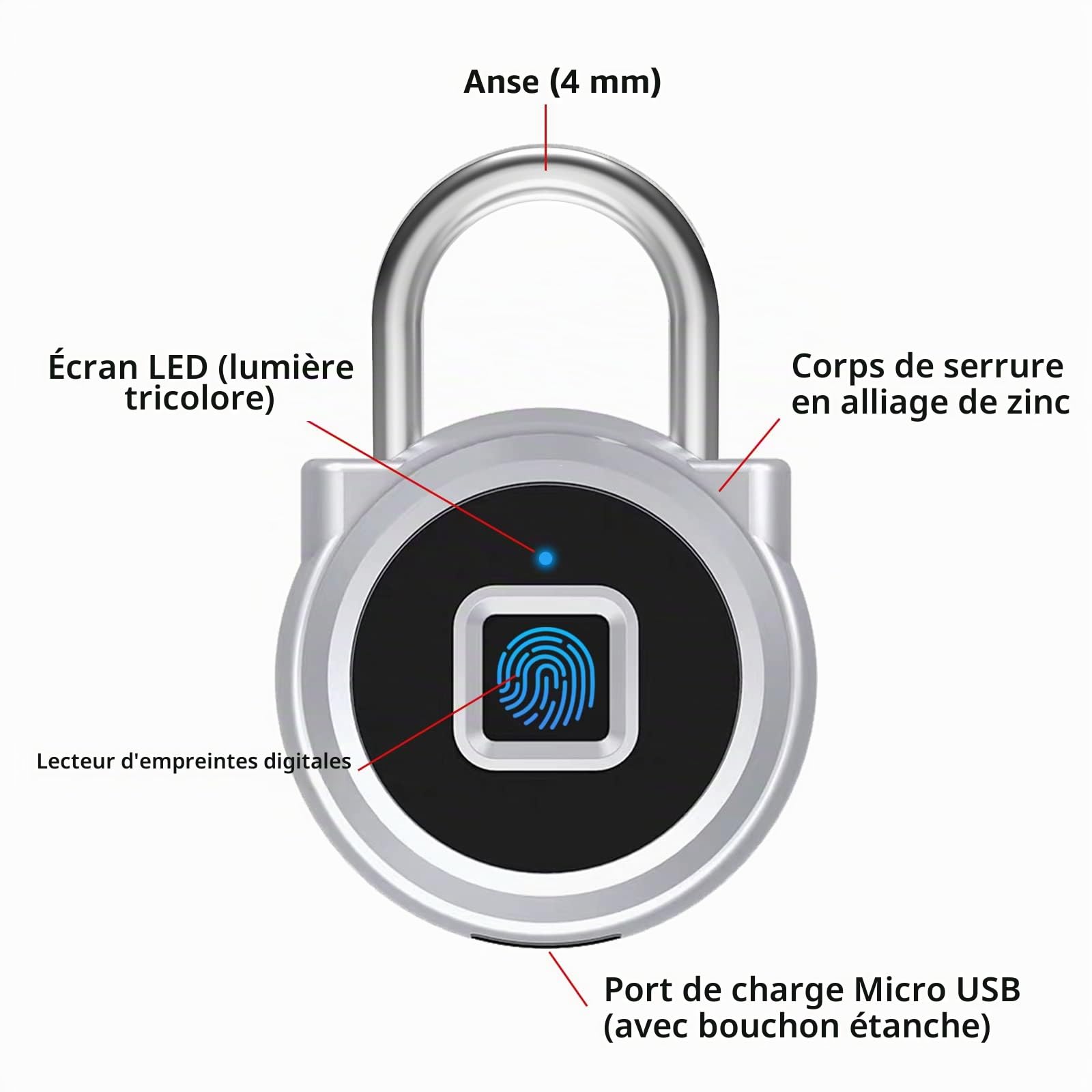 Cadenas à empreintes digitales, Eseesmart Bluetooth Cadenas d'extérieur sécurisé et résistant aux intempéries, Chargement USB, Pour clôture, portail, abri de jardin, salle de sport