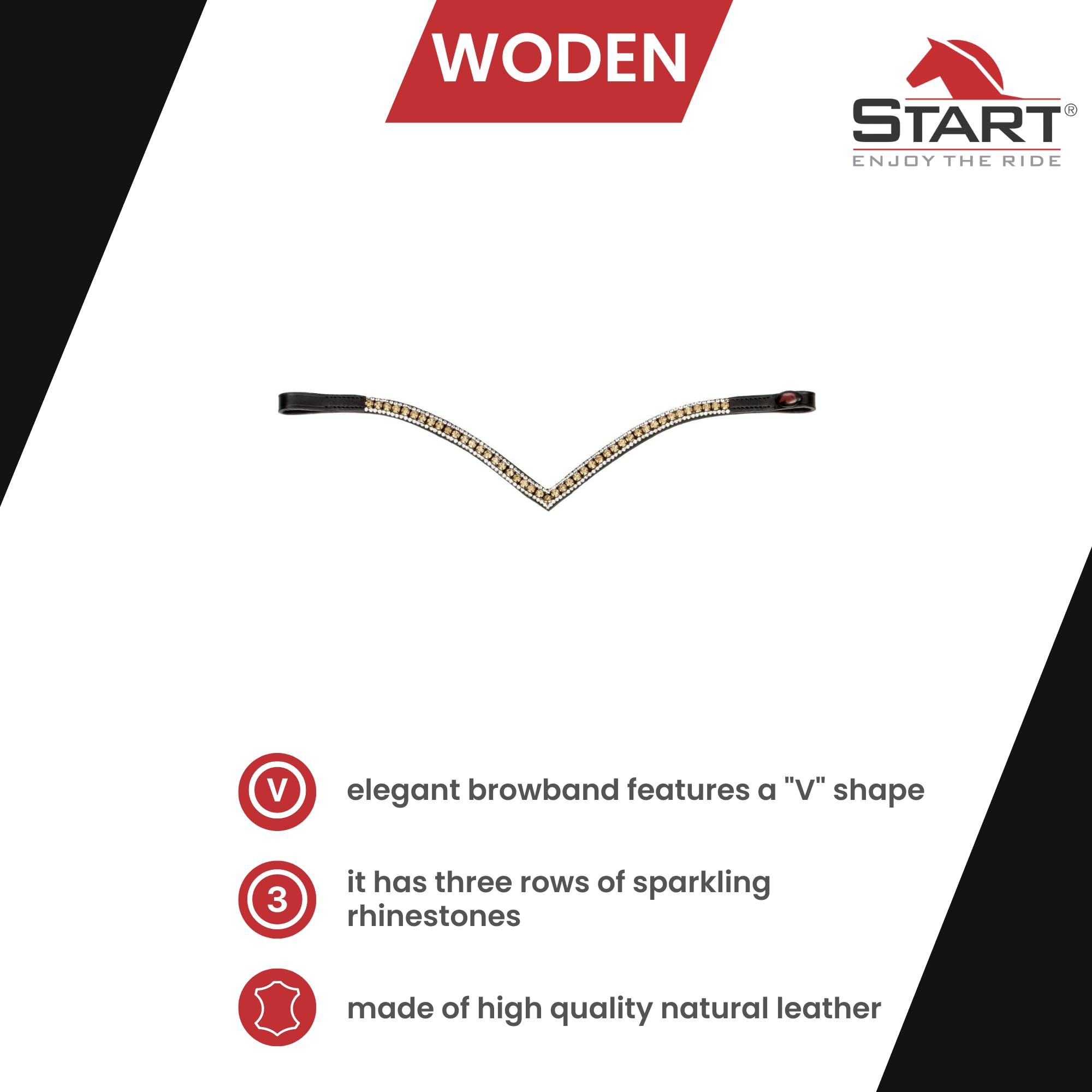 Start Stirnriemen Pferd Glitzer – geschwungenes Diamond Stirnband aus Leder | Größen: Pony, Vollblut & Warmblut – Funkelnder Turnier-Look (Braun/Schimmer, Full (Warmblut))