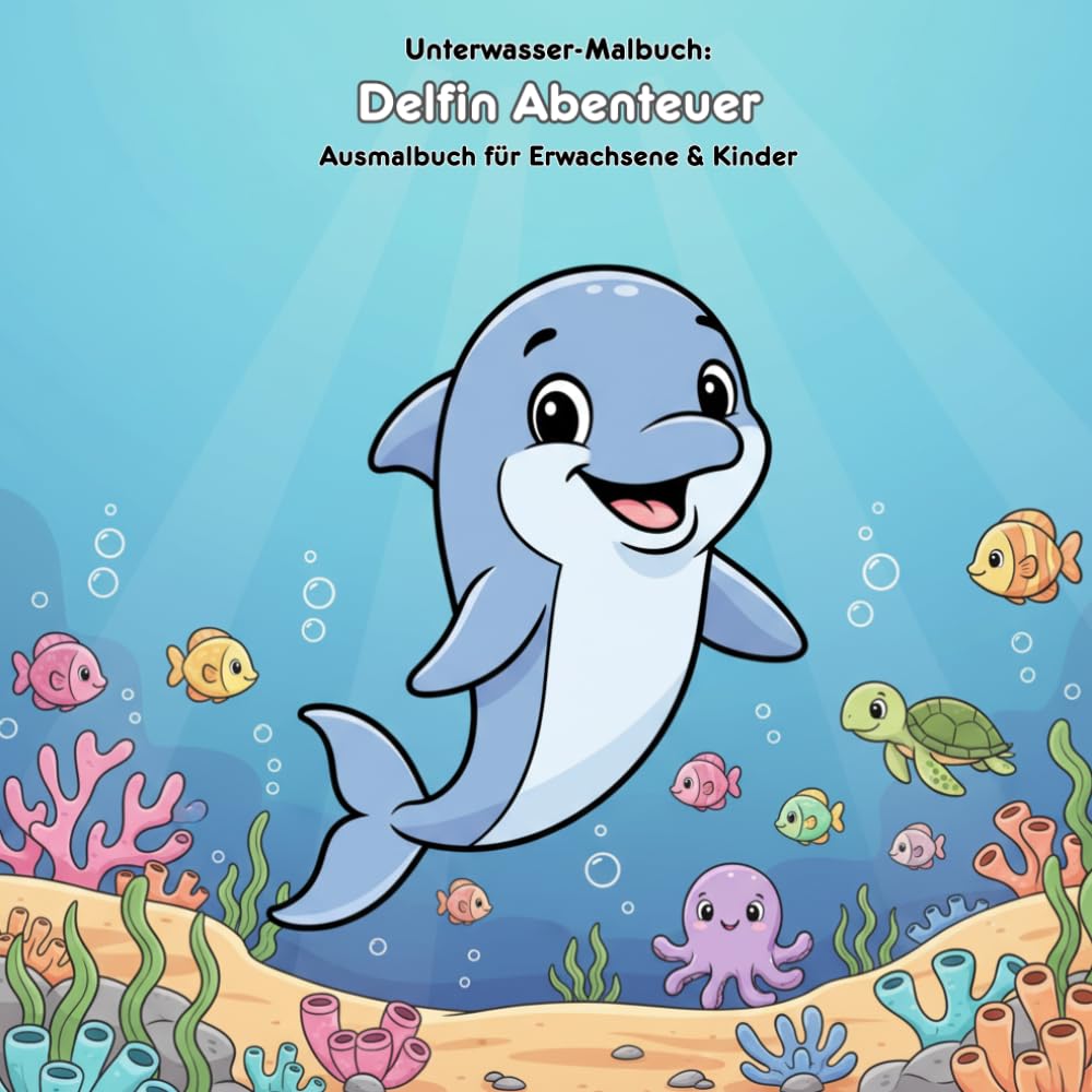 Delfin Abenteuer: Geschichte & Malbuch: Für Erwachsene & Kinder | 36 Ausmalbilder | 21.59 x 21.59 cm | Große Motive für kleine Künstler: Ein freundlicher Delfin entdeckt die Unterwasserwelt