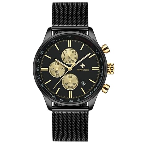 WWOOR 8862 Full Black Stainless Steel Mesh Working Chronograph Watch for Men - Black