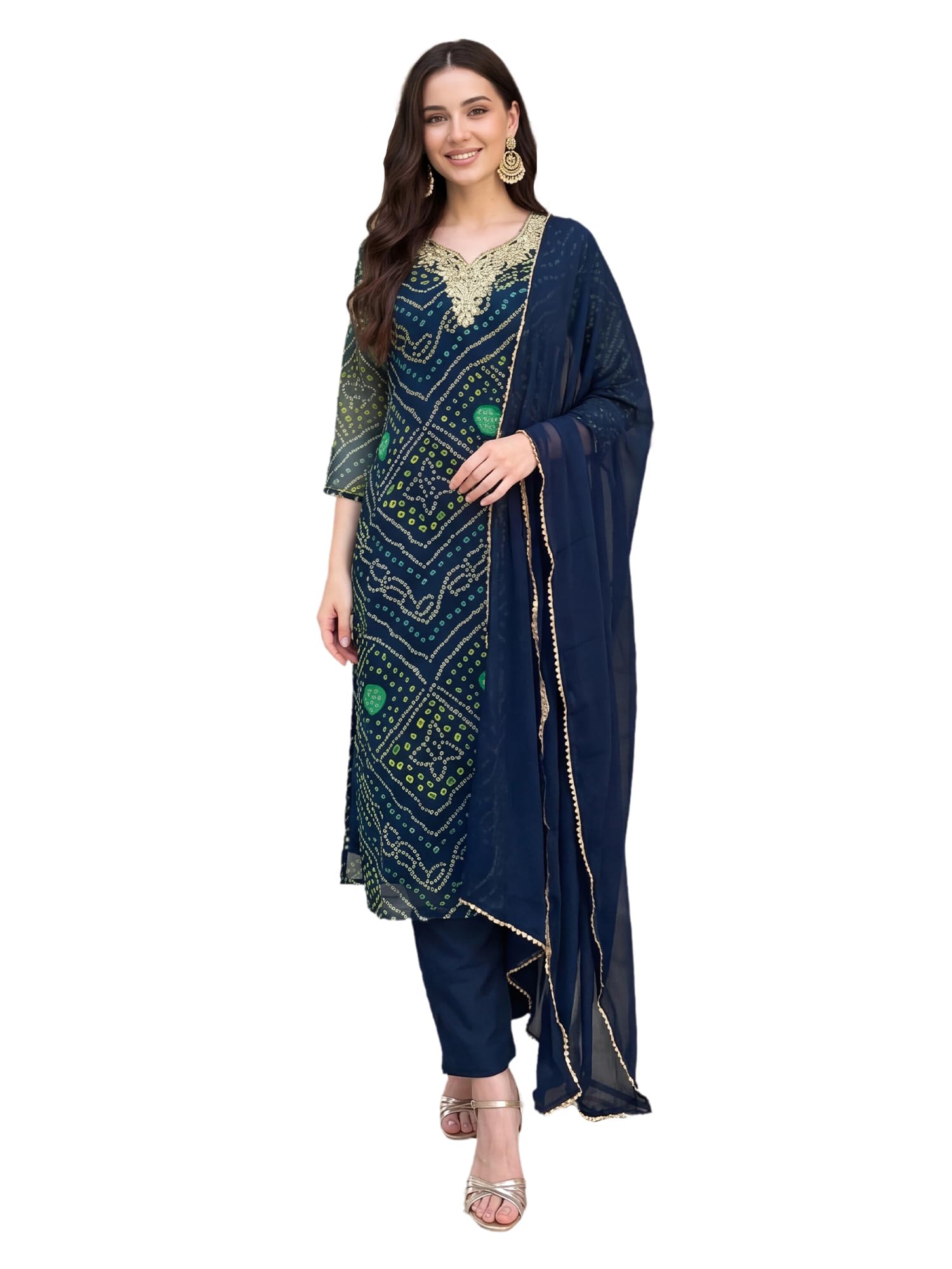indo era Women's Georgette Bandhani Embroidered Sequinned Kurta & Pant With Dupatta Set-picture-11
