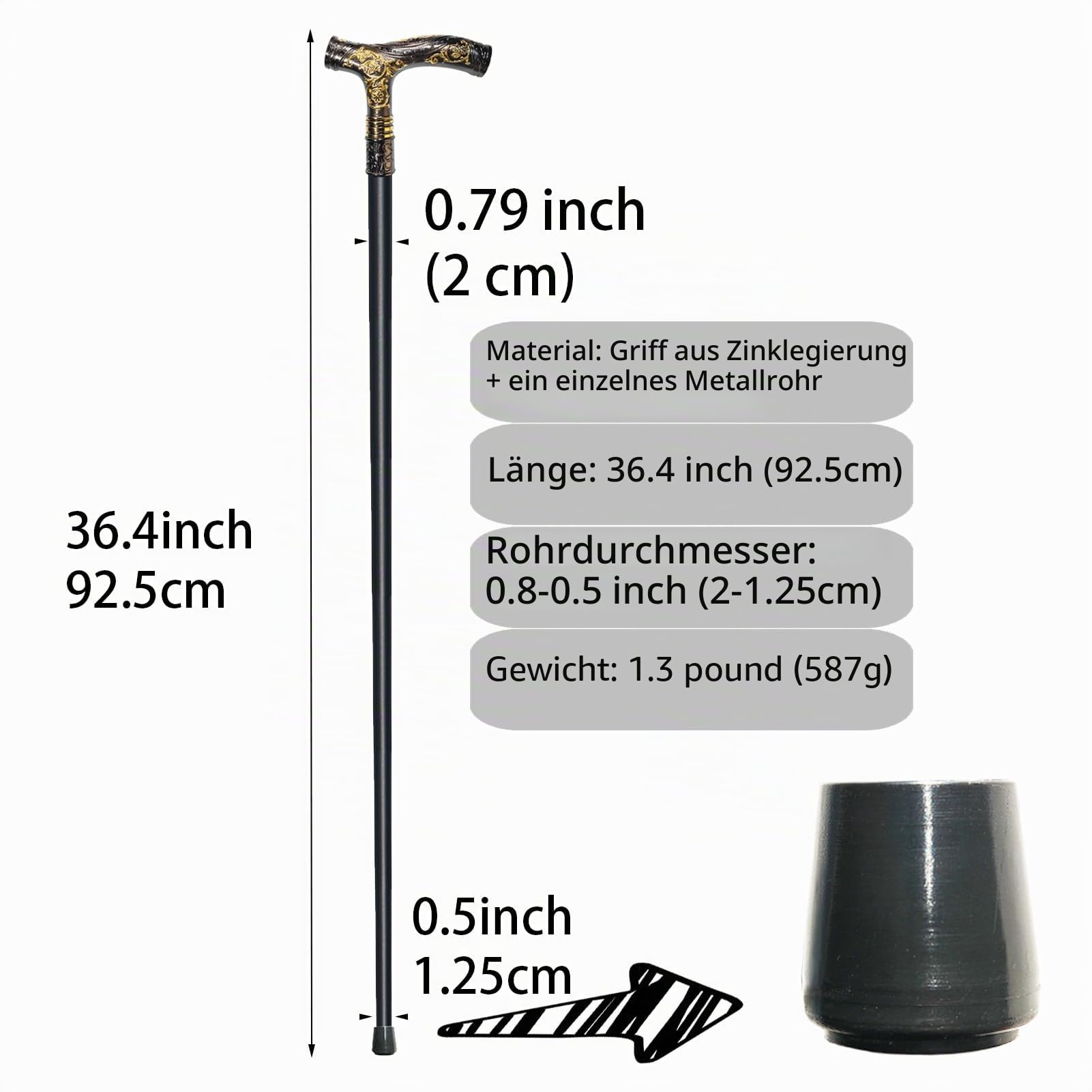 Gehstock für Damen und Herren – 92,7 cm, strapazierfähig, 150 kg Kapazität, ergonomischer Griff, dekoratives und kunstvolles Design, Gothic- und Gothic-Stil, elegant, mattes Schwarz und Gold