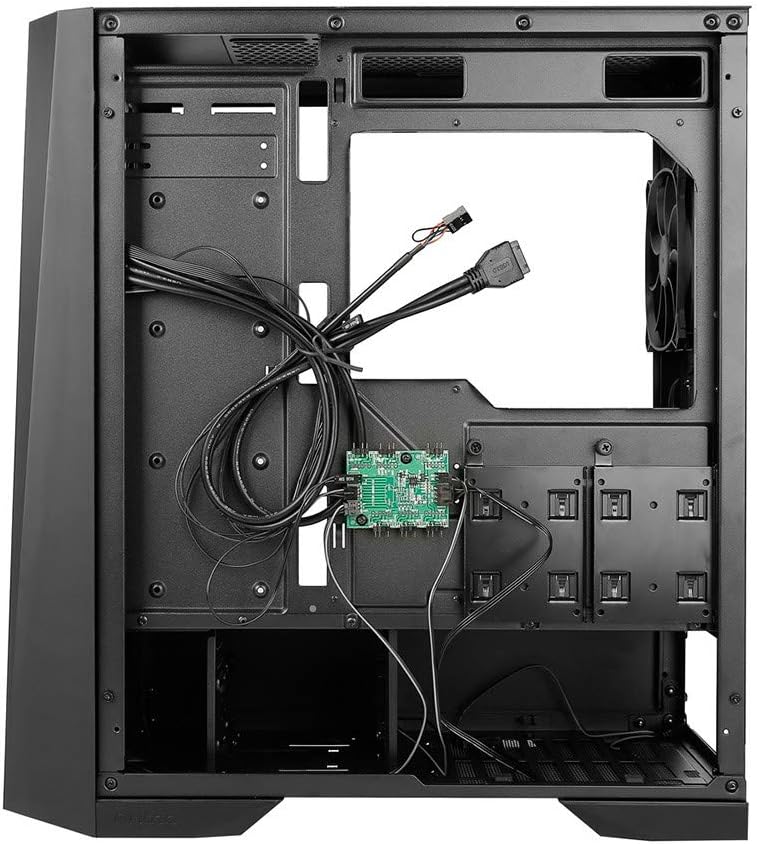 የኋላ የውስጥ ክፍል view of Antec DP501 case showing cable management and drive bays