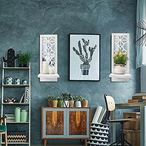 Yorkmills Candle Sconces Wall Decor Set Of 2, Wall Candle Holder Rustic Home Decor, Farmhouse Wall Art Floating Mirror Sconces White Wall Decorations For Living Room, Dining Room, Bedroom, Bathroom #TOP2