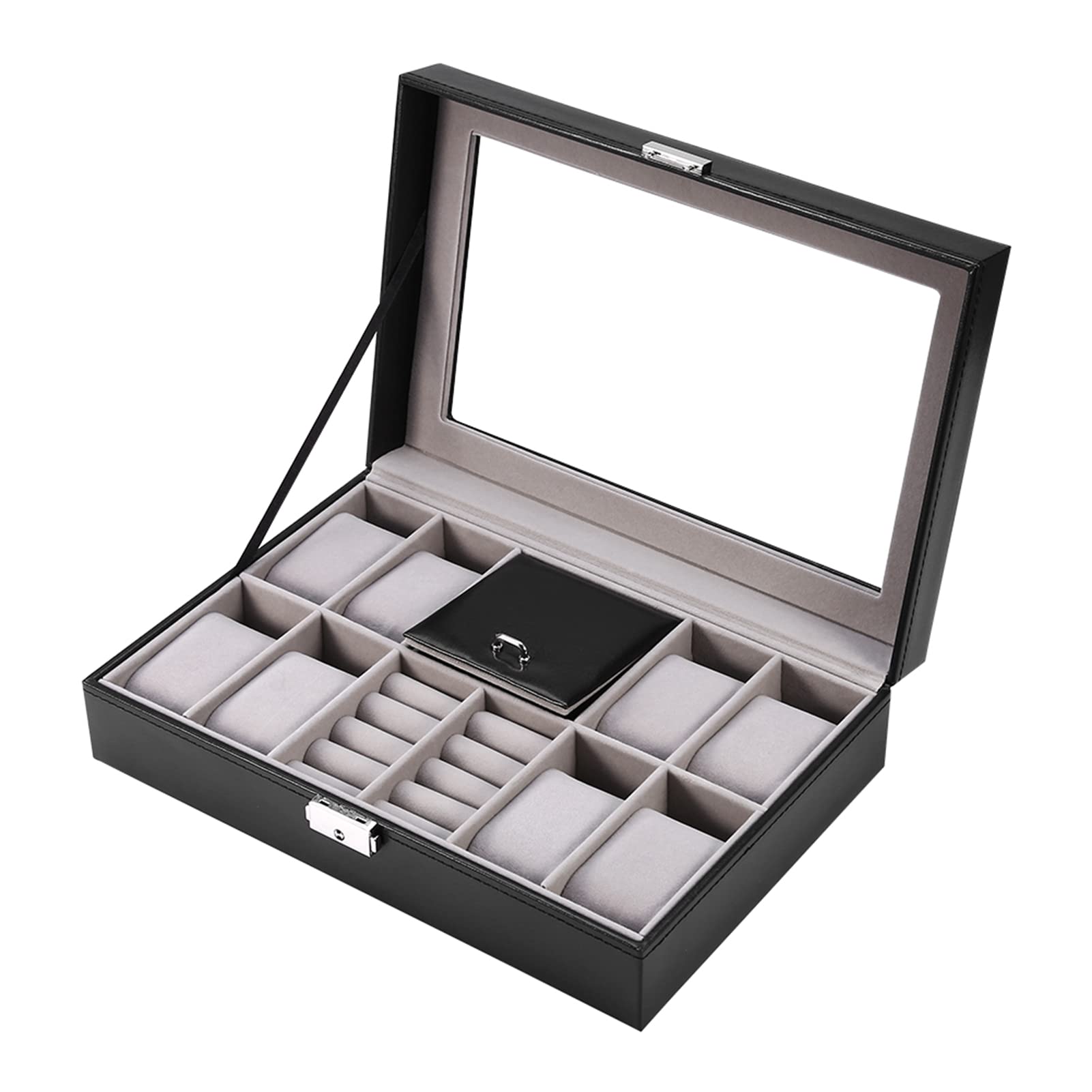 Boîte à Montres Et Bijoux YUYTE 12 Compartiments - Cuir PU Avec Couvercle Verre Et Serrure