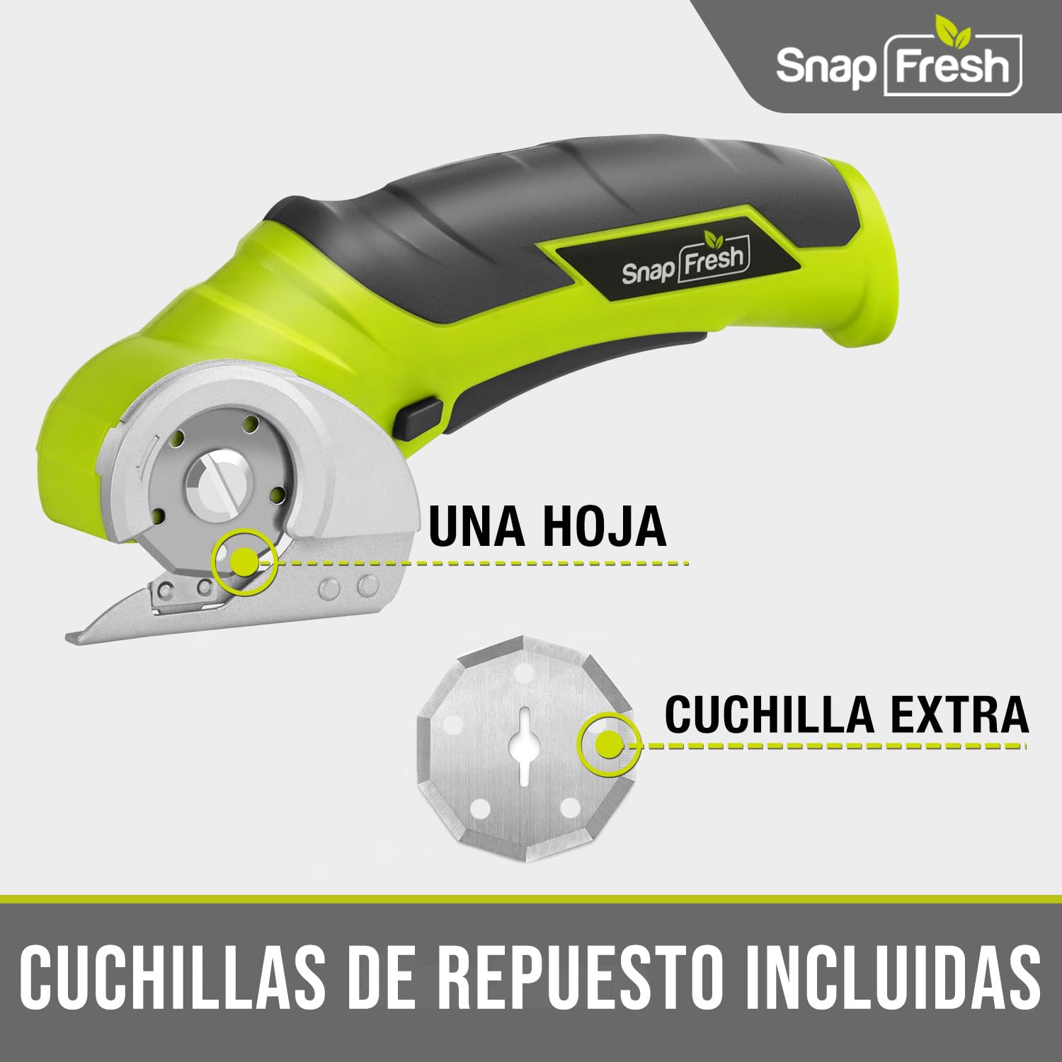 SnapFresh Tijera Eléctrica Inalámbricas 4V, Cortador de Cartón con 2 Cuchillas Autoafilables, Carga USB-C, Adecuada para Cartón, Papel, Alfombra, Cuero, Plástico y Embalajes