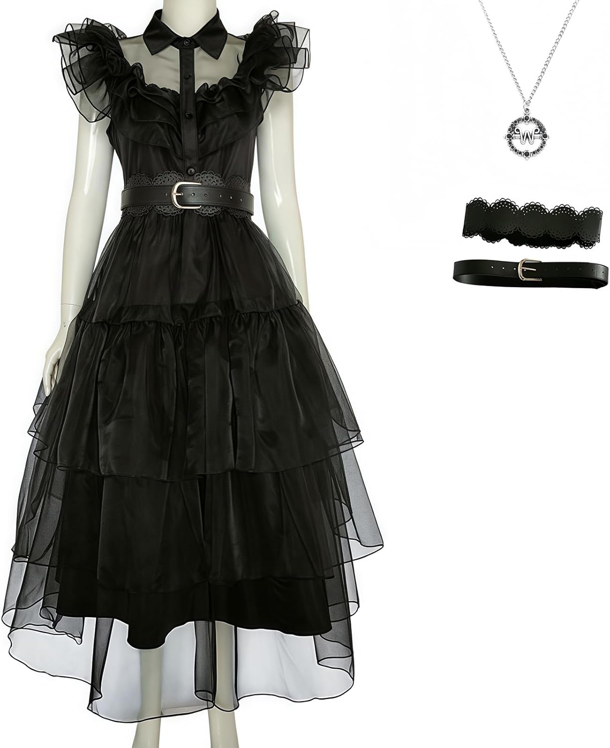 Halloween Women Black Gothic Tulle Cosplay Dress Party Ruffle Layered Prom Dance Costume Belt Necklace