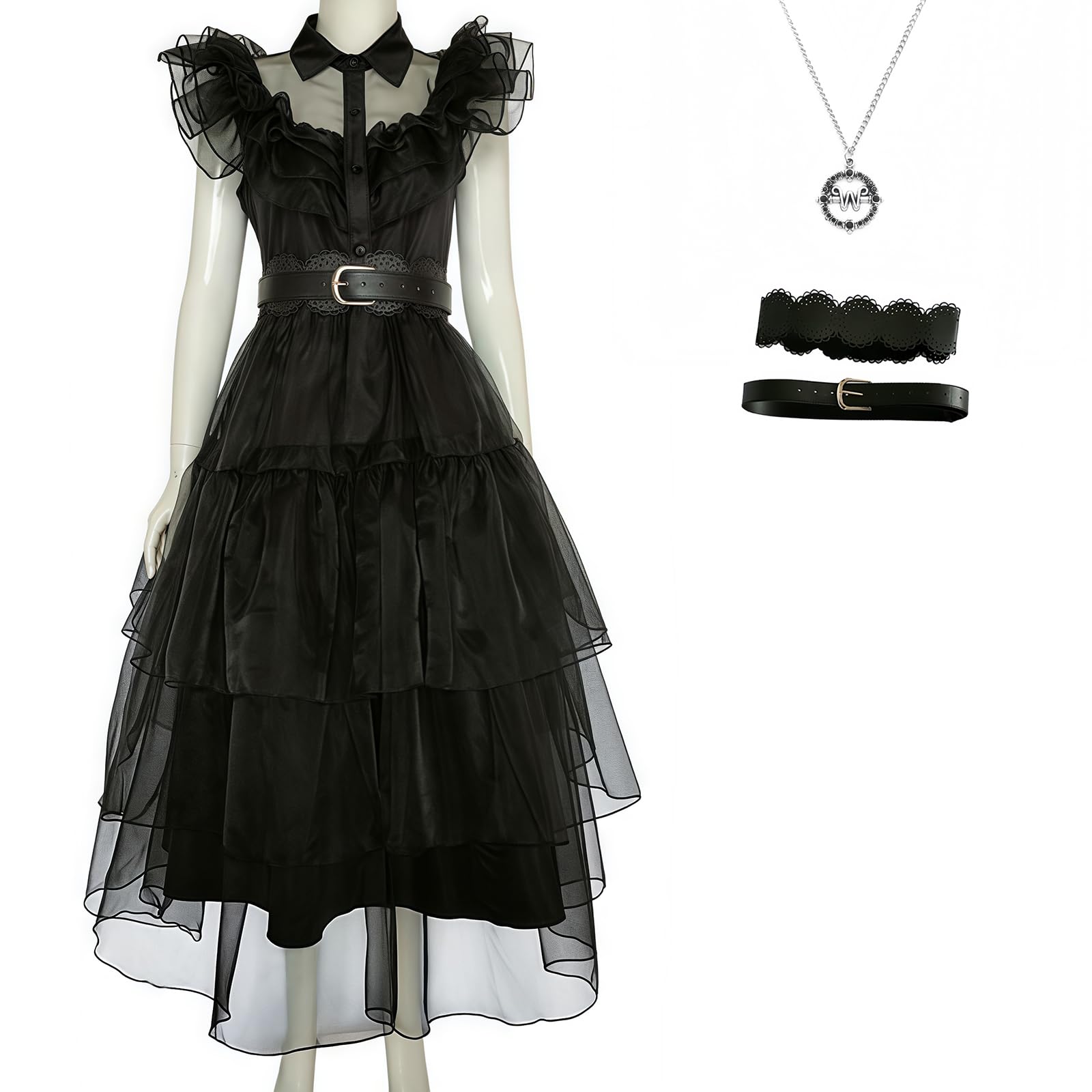 Halloween Women Black Gothic Tulle Cosplay Dress Party Ruffle Layered Prom Dance Costume Belt Necklace