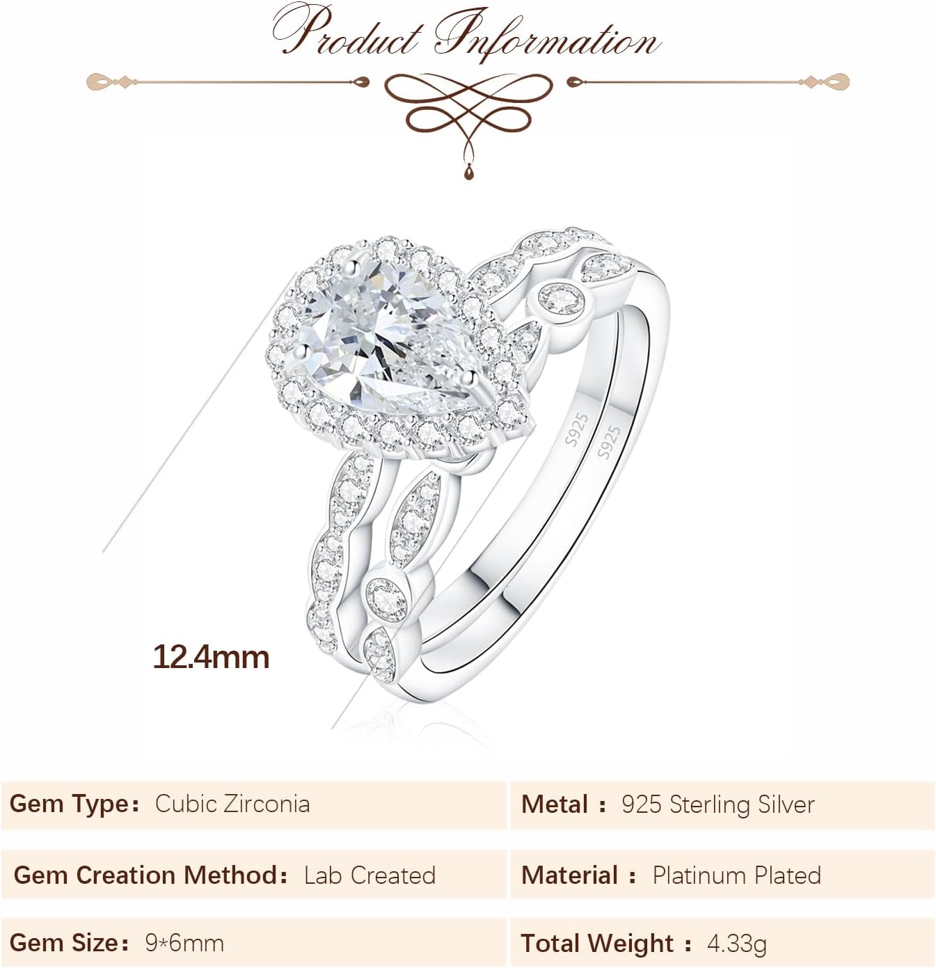 1CT Pear Cut Cubic Zirconia Halo Promise Engagement Ring For Women in 925 Sterling Silver, Simulated Diamond 14k White Gold Plated CZ Stackable Rings For Her, Wedding Band Bridal Ring Set - Image 2