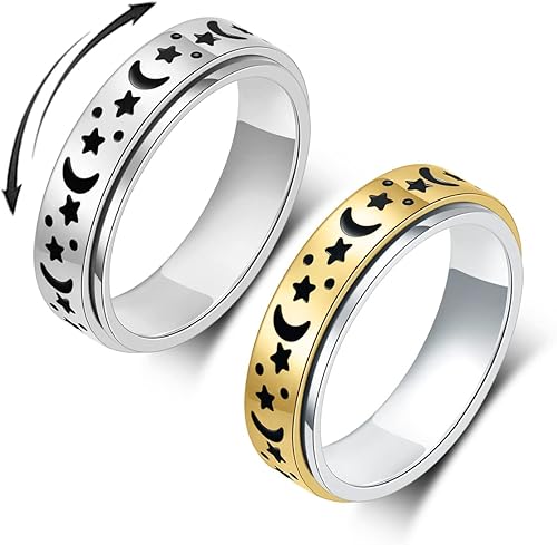 OreilleStar Anillo de ansiedad para mujer, anillo para aliviar la ansiedad, anillos giratorios para la ansiedad, anillos de plata y luna y estrella