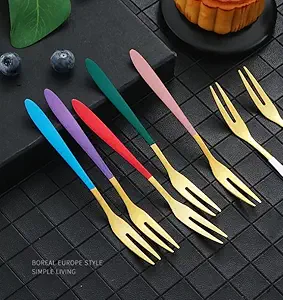 DHRUSIMI Appetizer Dessert Forks, 304 Stainless Steel Fruit Forks Set, Colorful Mini Salad Fruit Fork for Party Banquet Cocktail Dessert Fruit Cakes Afternoon Tea Wedding Random (5.3IN) (Pack of 6)