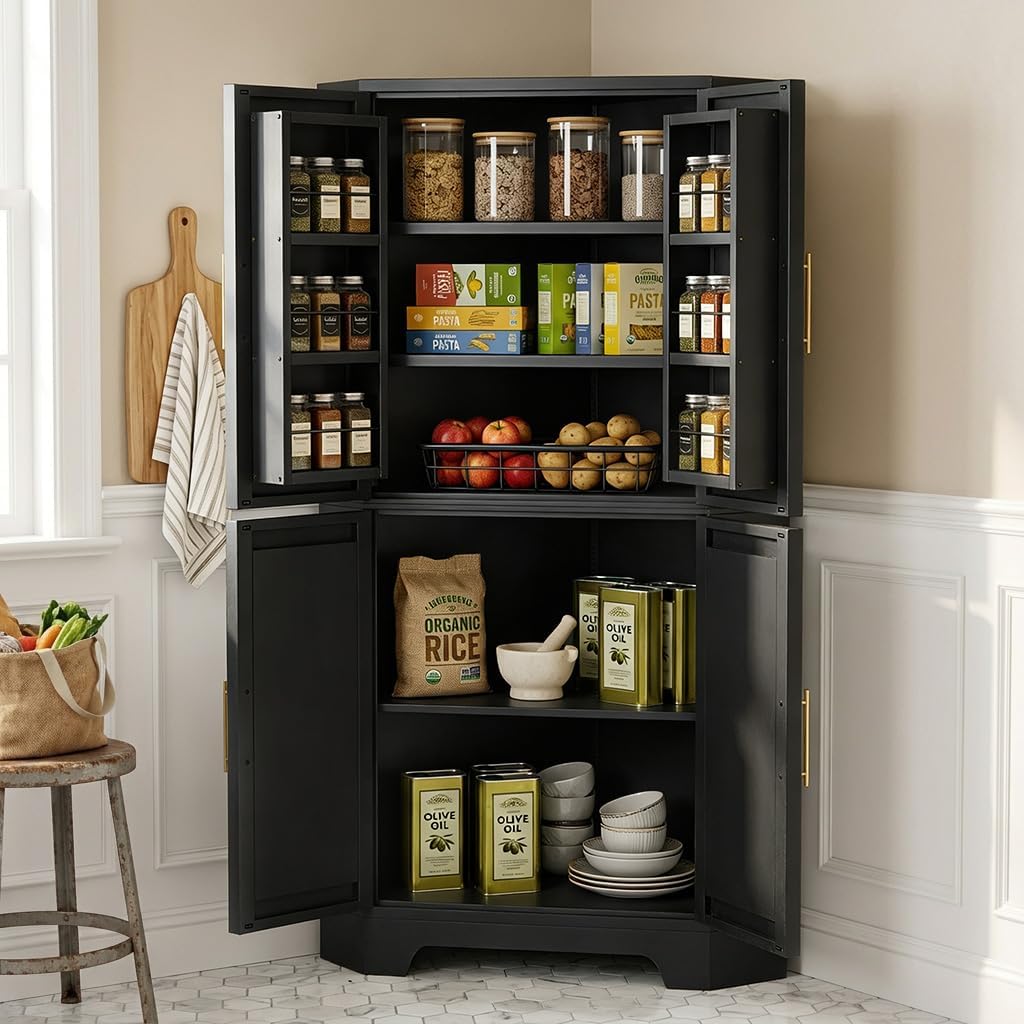 Corner Cabinet, Metal Storage,Kitchen Pantry Cabinet with Adjustable Shelves & Spice Rack, Tall Freestanding Corner Pantry with Shaker Doors & Gold Handles for Kitchen, Bathroom, Living Room (Black)