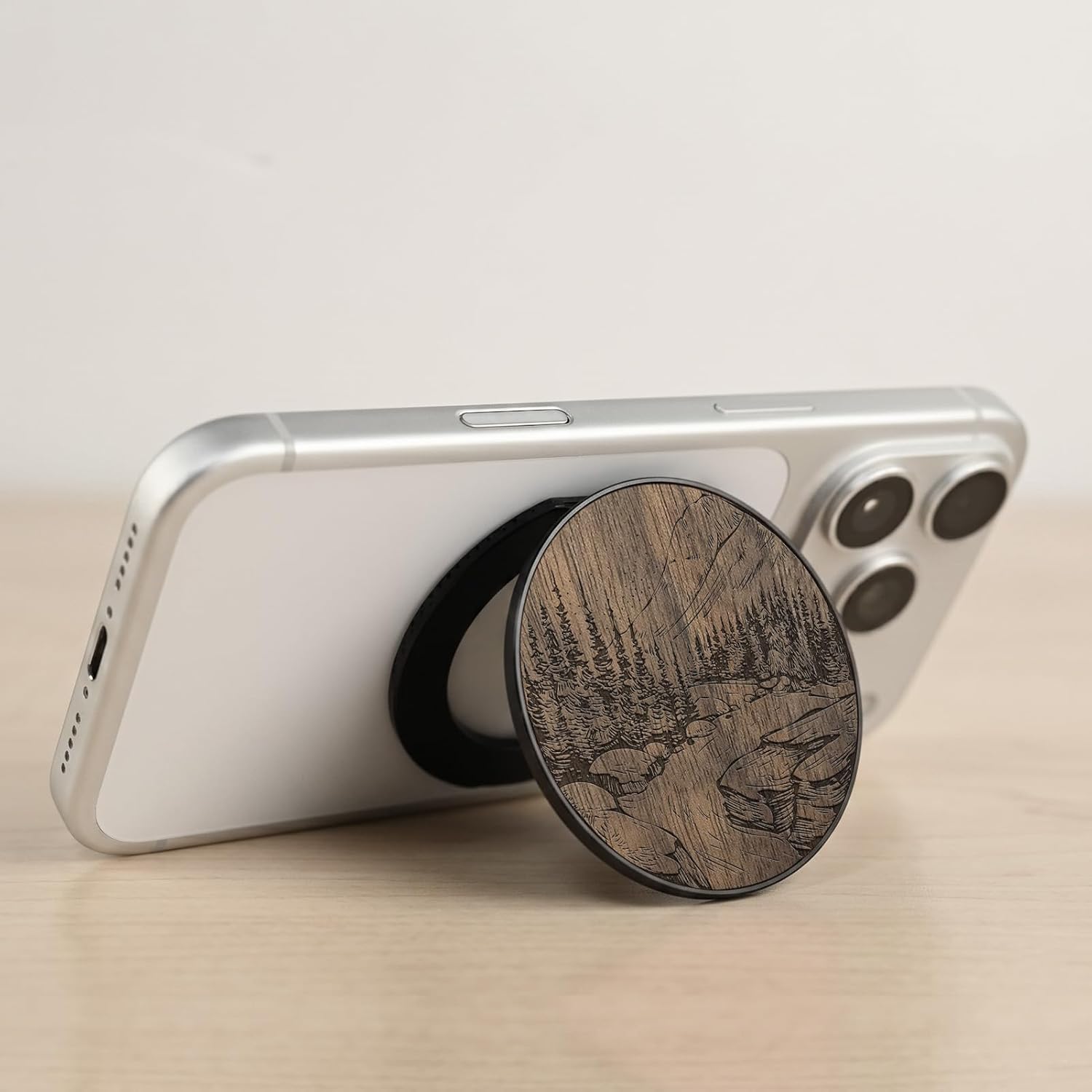 Carveit Magnetic Wood Phone Stand, Removable, Adjustable Angle Holder Compatible with MagSafe iPhone 17 Pro Max 16, 15, 14, Samsung Galaxy S26 Ultra S25, Google Pixel (Mountain Landscape - Walnut)