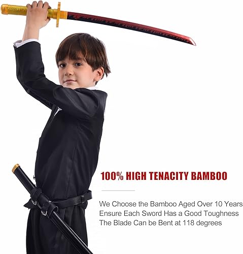 Vista 12 de Demon Slayer - Espada para niños de 31 pulgadas, hoja de bambú con cinturón y soporte de espada, espada de anime de textura original, Katana Demon