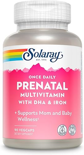 SOLARAY Multivitamínico prenatal una vez al día con hierro y DHA, vitaminas prenatales y minerales para mujeres embarazadas, ayuda a la digestión