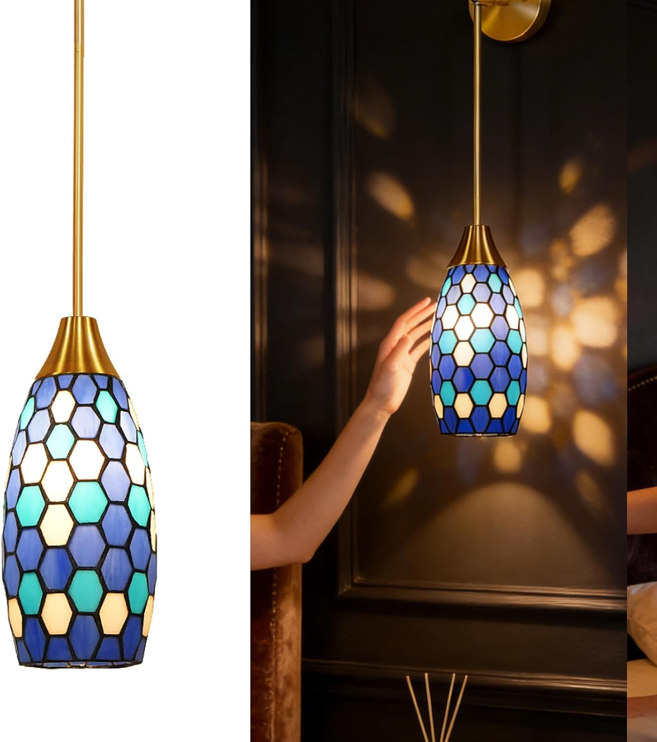 ALUCSET Blue Tiffany Pendant Light Wide 4.8 Inch Height 7.8 Inch,Chandelier Victorian Tiffany Style Pendant Light Fixtures for Bedroom Dining Living Room