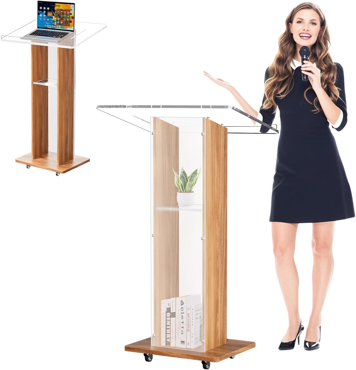 Acrylic Podium with Wooden Frame, Frosted Pulpitos Para Iglesias with 4 Lockable Wheels, Church Pulpit Wood Podium, Portable Lectern for Churches, Wedding, Speech, Classroom, Conference (Frosted)