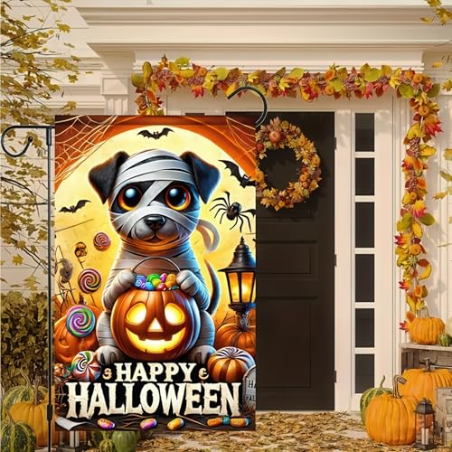 Image of Happy Halloween Garden Flag 12x18 Double Sided Mummy Puppy Ghost Skeleton Dog Garden Flag Candy Trick or Treat Pumpkin Flag Halloween Decorations Banner Fall Decor Outdoor Lawn Yard Flag