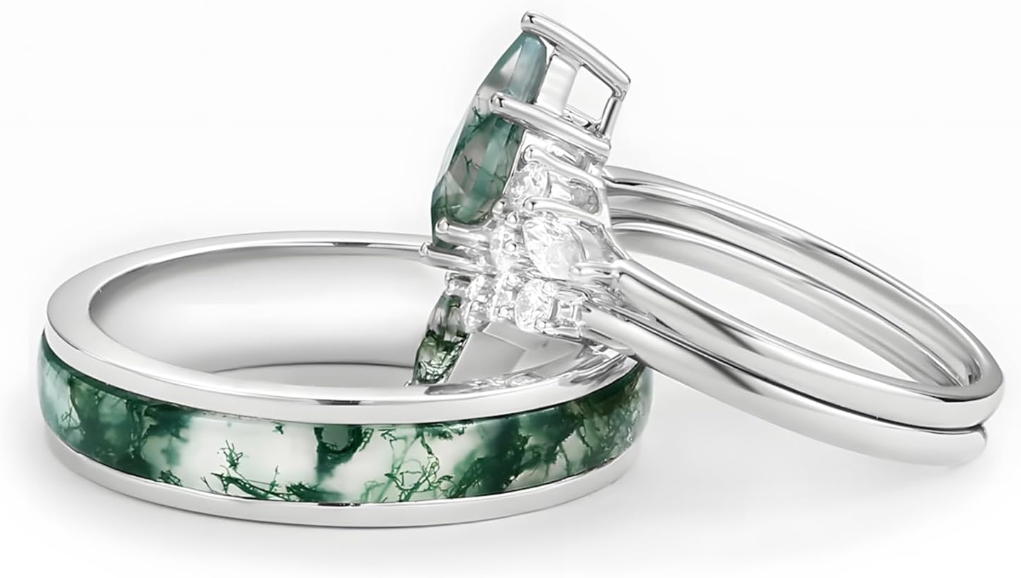 Natural Kite Cut Moss Agate Couple Wedding Rings Sets, S925 10K 14K 18K Gold Moissanite Engagement Rings Set for Man and Women, Customized His and Her 3pcs Green Promise Bands for Anniversary