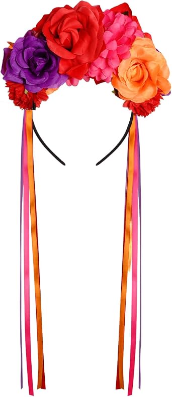 Nydotd Mexican Rose Flower Crown Headband for Women, Floral Fall Day of The Dead Headpiece for Halloween Costume Party