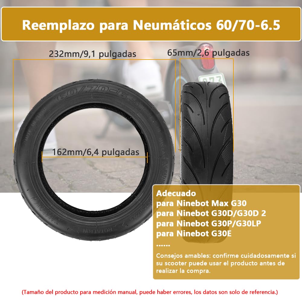 60/70-6.5 Neumático de vacío con válvula para Ninebot Max G30 Scooter eléctrico 10'' Neumático de repuesto sólido delantero/trasero con pegamento vivo incorporado reparable (2 piezas)