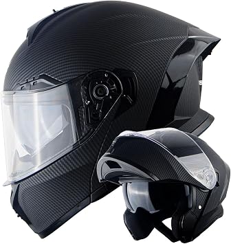 1Storm New Motorcycle Bike Modular Full Face Helmet Dual Visor Sun Shield NOLED-X90 Carbon Fiber Black