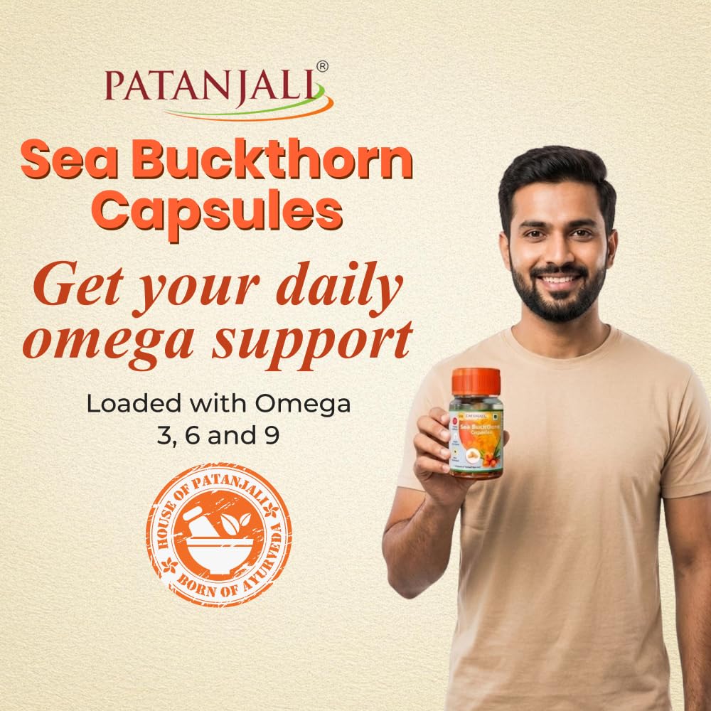 Patanjali Sea Buckthorn Fruit Berry Oil 500mg - 30 Veg HPMC Capsules | Rich in Omega 3, 6 & 9 | Dietary Supplement for Heart Health, Immunity & Deep Skin Hydration (Pack of 3) — Amazon image 2