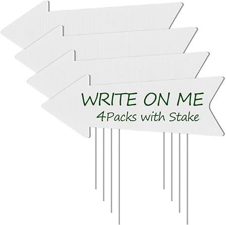 Directional Arrow Signs with Stakes, Remiawy 4 Pack Blank Yard Signs 17 x 6 Inches Custom Plastic Parking Signs with Arrow Outdoor for Wedding This Way, Birthday Party, Estate Sale, Lawn Guidepost