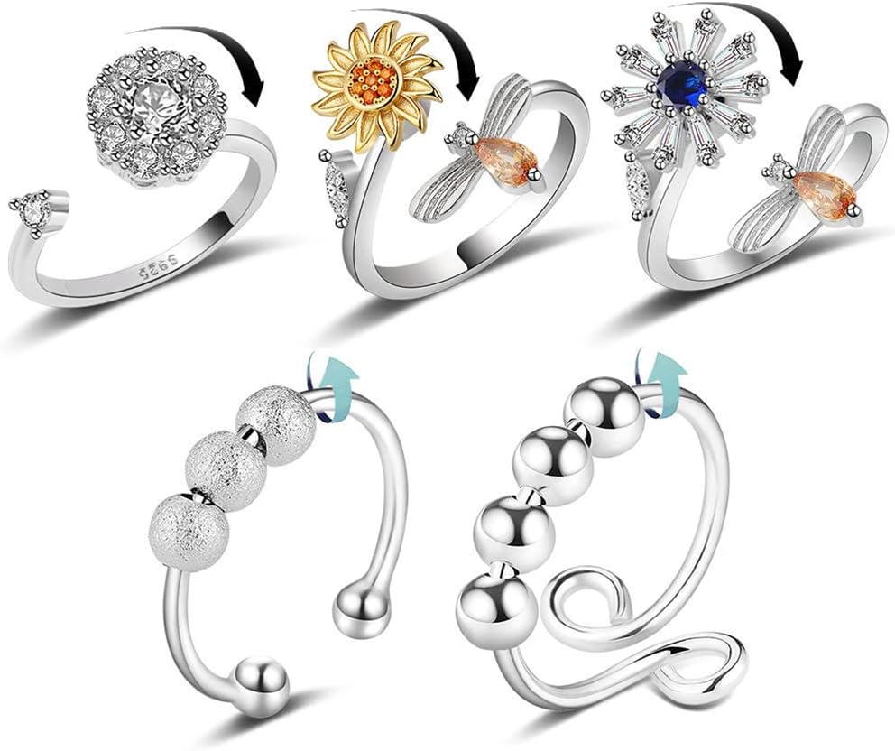 ZHOUJIE 5pcs Spinner Rings Women Men Spinner Fidget Rings Anxiety Adjustable Cubic Zircon Flower Butterfly Sunflower Bead Stress Relief Stackable Ring Set