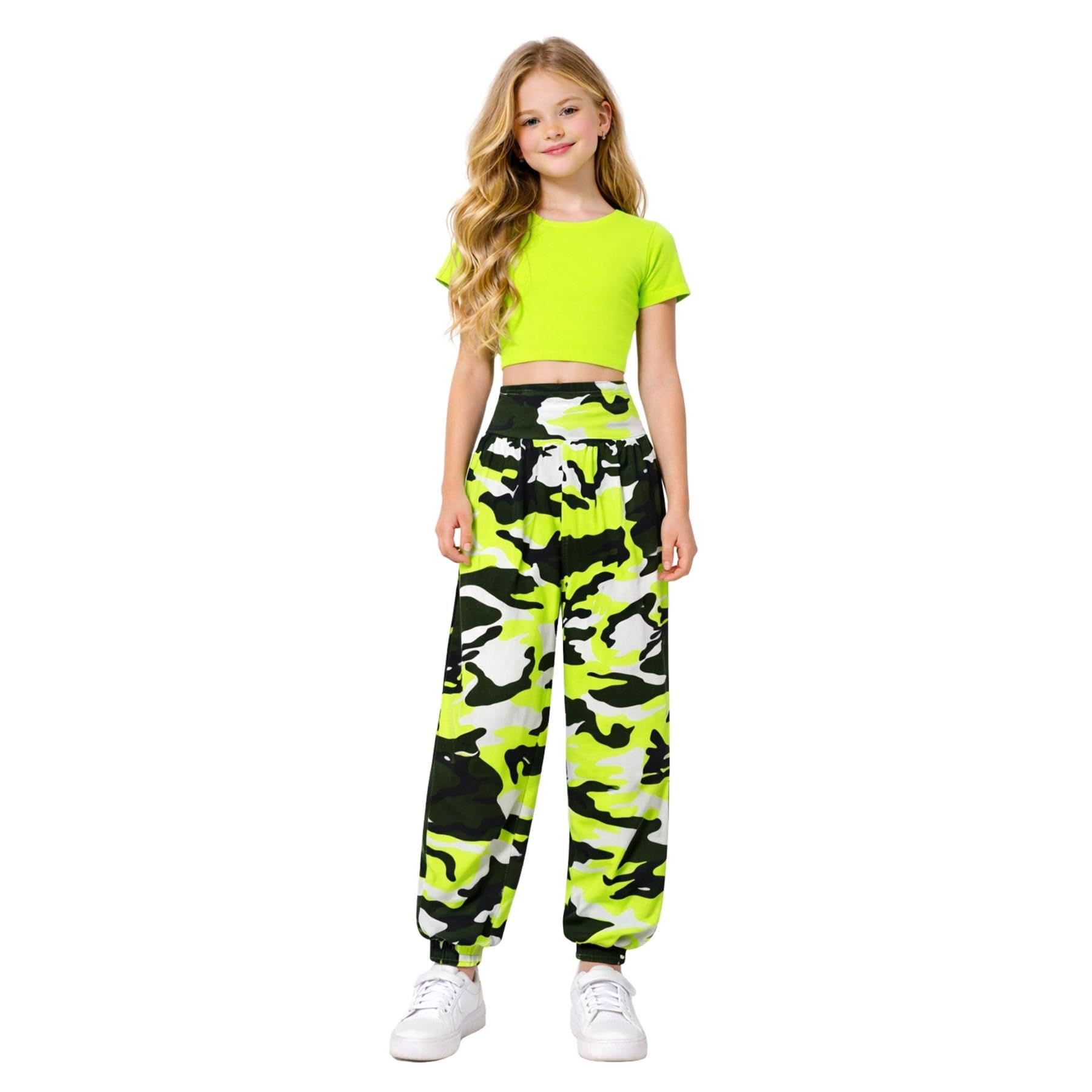janisramone Kids Girls New Neon Crop Top Army Camo Print Alibaba Harem Leggings 2 Pcs Co-ord Dance Sets