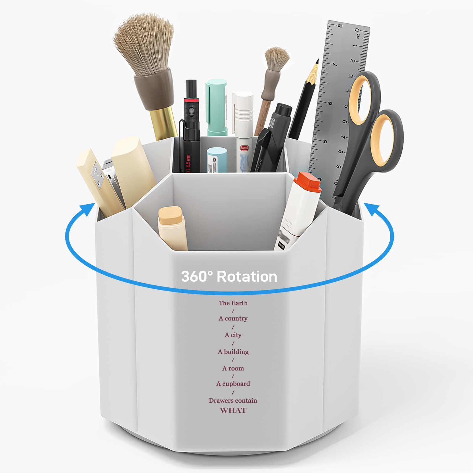 Desk Pen Holder, 5 Slots 360-Degree Spinning Grey Pencil Pen Desk Organizers Cute Pen Pencil & Cup Pot Organizer for Desk Office, School, Art Supply, Gift for Classmates, Teachers and Friends