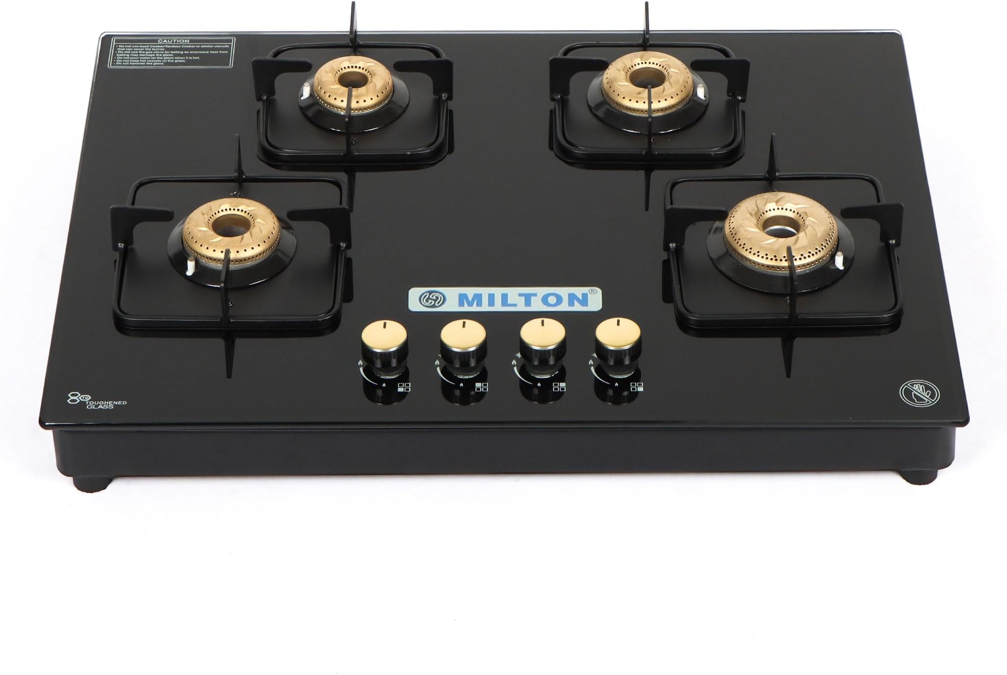 MILTON Champion Pro Toughened Glass Top Gas Stove 4 Burners I Auto Ignition I High-Powered Forged Brass Burner I ISI Certified I 1 Year Warranty