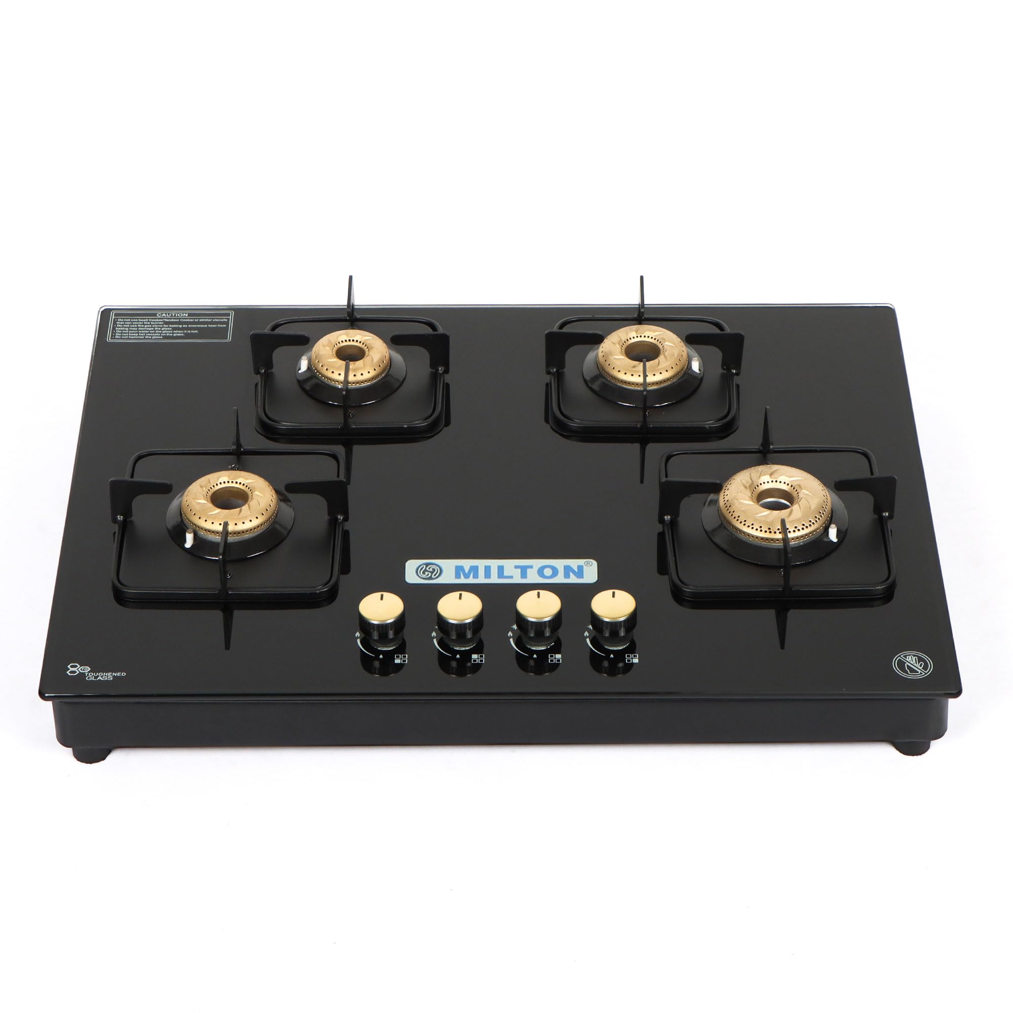 MILTON Champion Pro Toughened Glass Top Gas Stove 4 Burners I Auto Ignition I High-Powered Forged Brass Burner I ISI Certified I 1 Year Warranty
