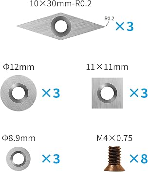 Tungsten Carbide Cutters Inserts Set for Wood Lathe Turning Tools Include 11 mm Square with Radius, 12 mm and 8.9 mm Round, 30 x 10 mm Diamond with Pointed Point,8 Pieces screws.
