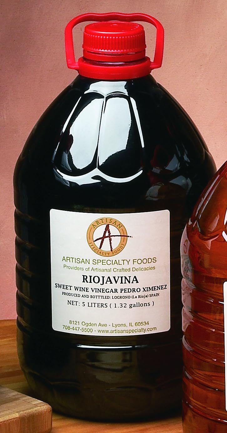 Riojavina Spanish Sherry Vinegar, Made from Pedro Ximenez Sweet Wine, Full-Bodied and Rich, 5 Liter Jug, Perfect for Soups, Broths, Marinades, Dressings, Authentic Gourmet Quality, Product of Spain