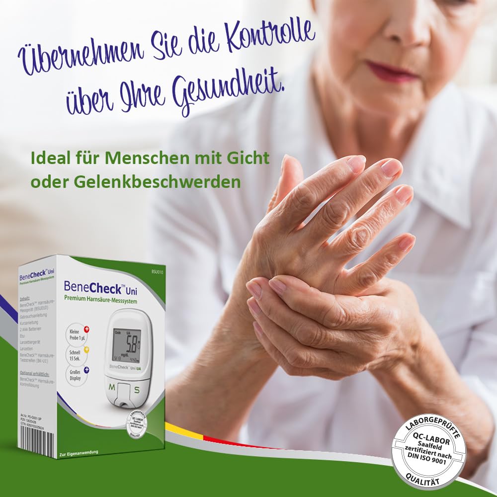 BeneCheck Premium Harnsäure-Messgerät Starterset mit 10 Teststeifen, 10 Lanzetten und Zubehör
