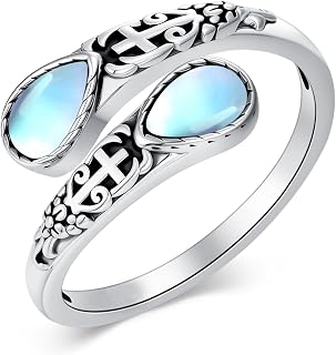White Gold Plated Teardrop Moonstone Adjustable Vintage Open Ring for Women