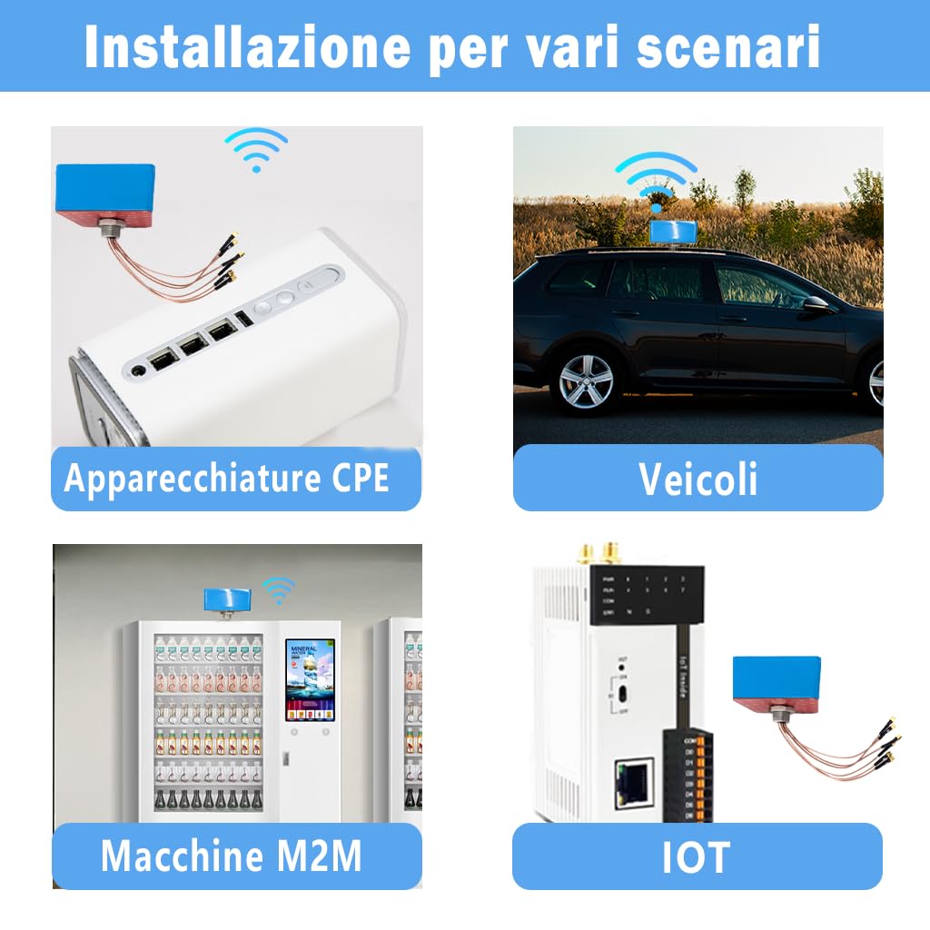 Antenna esterna Maswell 6-in-1 4X4 MIMO 5G + WiFi 7 2X2 MIMO, Basso guadagno 3dBi non adatto a gare di velocità, 700-6000 MH,con WiFi 6E, Bluetooth, WiMAX e Zigbee, SMA & RP-SMA