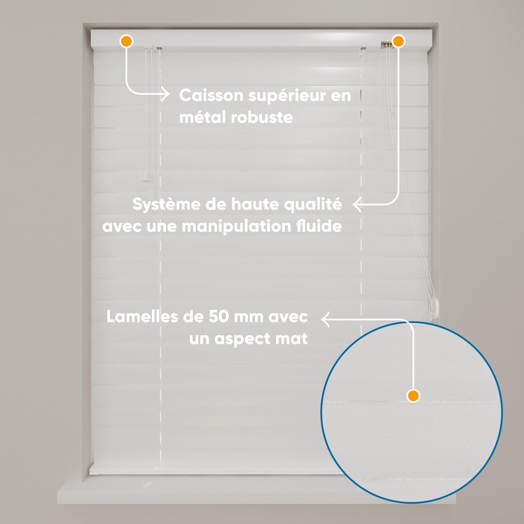 DTCH® Store vénitien Aluminium intérieur, Blanc, 110 x 180 cm | Lamelles 50mm, résistant à l'humidité, aluminium mat, protection solaire et visuelle, réglage de lumière, jusqu'à 240 cm