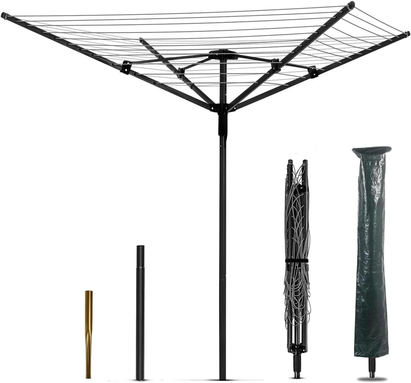 bimiti Folding Umbrella Drying Rotary Washing Line 4 Arm Clothesline 60m, Adjustable Height Clothes Airer Outdoor Heavy Duty Portable Clothes Line Drying Rack with Metal Ground Spike&Waterproof Cover